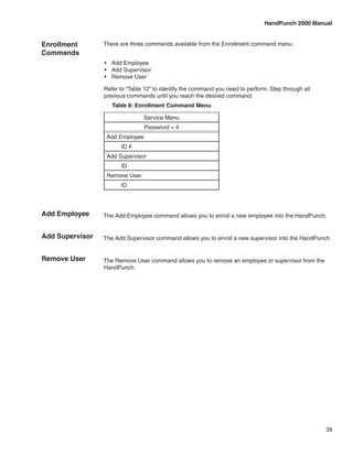 HandPunch 2000 Manual


Enrollment       There are three commands available from the Enrollment command menu.
Commands
                 •	 Add Employee
                 •	 Add Supervisor
                 •	 Remove User

                 Refer to “Table 12” to identify the command you need to perform. Step through all
                 previous commands until you reach the desired command.
                    Table 8: Enrollment Command Menu

                                Service Menu
                                 Password = 4
                  Add Employee
                       ID #
                  Add Supervisor
                       ID
                  Remove User
                       ID




Add Employee     The Add Employee command allows you to enroll a new employee into the HandPunch.


Add Supervisor   The Add Supervisor command allows you to enroll a new supervisor into the HandPunch.


Remove User      The Remove User command allows you to remove an employee or supervisor from the
                 HandPunch.




                                                                                                     39
 