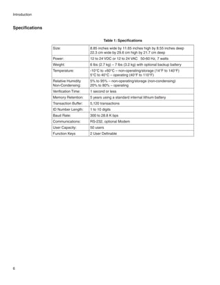 Introduction


Specifications

                                                Table 1: Specifications

                 Size:                 8.85 inches wide by 11.65 inches high by 8.55 inches deep
                                       22.3 cm wide by 29.6 cm high by 21.7 cm deep
                 Power:                12 to 24 VDC or 12 to 24 VAC 50-60 Hz, 7 watts
                 Weight:               6 lbs (2.7 kg) – 7 lbs (3.2 kg) with optional backup battery
                 Temperature:          -10°C to +60°C – non-operating/storage (14°F to 140°F)
                                       5°C to 40°C – operating (40°F to 110°F)
                 Relative Humidity     5% to 95% – non-operating/storage (non-condensing)
                 Non-Condensing:       20% to 80% – operating
                 Verification Time:    1 second or less
                 Memory Retention:     5 years using a standard internal lithium battery
                 Transaction Buffer:   5,120 transactions
                 ID Number Length:     1 to 10 digits
                 Baud Rate:            300 to 28.8 K bps
                 Communications:       RS-232, optional Modem
                 User Capacity:        50 users
                 Function Keys         2 User Definable




6
 