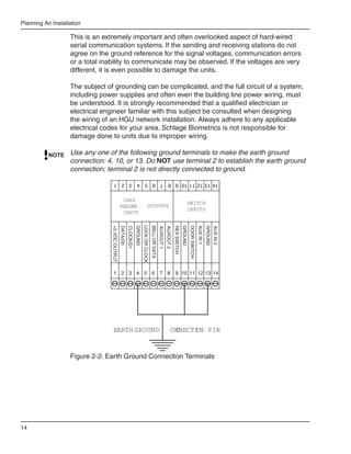 Planning An Installation

                   This is an extremely important and often overlooked aspect of hard-wired
                   serial communication systems. If the sending and receiving stations do not
                   agree on the ground reference for the signal voltages, communication errors
                   or a total inability to communicate may be observed. If the voltages are very
                   different, it is even possible to damage the units.

                   The subject of grounding can be complicated, and the full circuit of a system,
                   including power supplies and often even the building line power wiring, must
                   be understood. It is strongly recommended that a qualified electrician or
                   electrical engineer familiar with this subject be consulted when designing
                   the wiring of an HGU network installation. Always adhere to any applicable
                   electrical codes for your area. Schlage Biometrics is not responsible for
                   damage done to units due to improper wiring.

           NOTE    Use any one of the following ground terminals to make the earth ground
                   connection: 4, 10, or 13. Do NOT use terminal 2 to establish the earth ground
                   connection; terminal 2 is not directly connected to ground.
                                    14 13 12 11 10 9 8 7 6 5 4 3 2 1


                                                  CARD
                                                                                                                                                      SWITCH
                                                 READER                                 OUTPUTS
                                                                                                                                                      INPUTS
                                                  INPUT
                                                                               LOCK OR CLOCK
                                                                      GROUND




                                                                                                                                                 GROUND




                                                                                                                                                                                   GROUND
                                                                                                                                                          DOOR SWITCH
                                                                                                                                                                        AUX IN 1
                                                                                               BELL OR DATA




                                                                                                                                    REX SWITCH
                                 +5 VDC OUTPUT
                                                 DATA/D0




                                                                                                                                                                                            AUX IN 2
                                                           CLOCK/D1




                                                                                                              AUXOUT 1
                                                                                                                         AUXOUT 2




                                   1 2 3 4 5 6 7 8                                                                                   9 10 11 12 13 14




                                   EARTH GROUND                                                                               ONNECTI PIN
                                                                                                                               C    ON


                   Figure 2-2: Earth Ground Connection Terminals




14
 