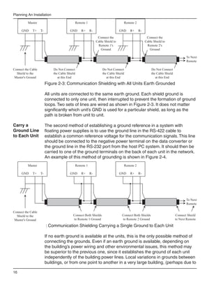 Planning An Installation

          Master                                Remote 1                               Remote 2

      GND    T+     T-                   GND       R+      R-                     GND     R+      R-

                                                                 Connect the                            Connect the
                                                                Cable Shield to                        Cable Shield to
                                                                 Remote 1's                             Remote 2's
                                                                   Ground                                 Ground

                                                                                                                                     To Next
                                                                                                                                     Remote

Connect the Cable            Do Not Connect                         Do Not Connect                         Do Not Connect
  Shield to the              the Cable Shield                       the Cable Shield                       the Cable Shield
 Master's Ground                at this End                            at this End                            at this End
                         Figure 2-3: Communication Shielding with All Units Earth Grounded

                         All units are connected to the same earth ground. Each shield ground is
                         connected to only one unit, then interrupted to prevent the formation of ground
                         loops. Two sets of lines are wired as shown in Figure 2-3. It does not matter
                         significantly which unit’s GND is used for a particular shield, as long as the
                         path is broken from unit to unit.

Carry a                  The second method of establishing a ground reference in a system with
Ground Line              floating power supplies is to use the ground line in the RS-422 cable to
to Each Unit             establish a common reference voltage for the communication signals. This line
                         should be connected to the negative power terminal on the data converter or
                         the ground line in the RS-232 port from the host PC system. It should then be
                         carried to one of the ground terminals on the back of each unit in the network.
                         An example of this method of grounding is shown in Figure 2-4.
          Master                                Remote 1                               Remote 2

      GND    T+     T-                   GND       R+      R-                     GND     R+      R-




                                                                                                                                     To Next
                                                                                                                                     Remote

Connect the Cable
  Shield to the                            Connect Both Shields                    Connect Both Shields                       Connect Shield
 Master's Ground                           to Remote 1 Ground                      to Remote 2 Ground                         to Next Remote

                         : Communication Shielding Carrying a Single Ground to Each Unit

                         If no earth ground is available at the units, this is the only possible method of
                         connecting the grounds. Even if an earth ground is available, depending on
                         the building’s power wiring and other environmental issues, this method may
                         be superior to the previous one, since it establishes the ground of each unit
                         independently of the building power lines. Local variations in grounds between
                         buildings, or from one point to another in a very large building, (perhaps due to

16
 
