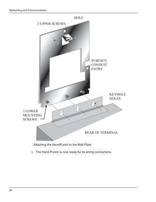 Networking and Communications


                                                HOLE
                     2 UPPER SCREWS




                                                               SURFACE
                                                               CONDUIT
                                                               ENTRY




                                                                          KEYHOLE
                                                                          HOLES


          3 LOWER
          MOUNTING
          SCREWS


                                                        REAR OF TERMINAL


                 : Attaching the HandPunch to the Wall Plate

                 3.	 The Hand Punch is now ready for its wiring connections.




26
 