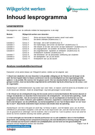 Lesopzet concept Wijkgericht werken voor docenten Pagina 1 van 6
Inhoud lesprogramma
Lesprogramma
Het programma voor de zelfstudie middels het leerprogramma is als volgt:
Module: Wijkgericht werken voor docenten
Lesweek 1 Cursus 1 Wat je als docent Wijkgericht werken vooraf moet weten
Cursus 2 De eerste oriëntatie (studentcursus 1)
Lesweek 2 Cursus 3 De burger, wie is dat? (studentcursus 2)
Lesweek 3 Cursus 4 De maatschappij, wat kunnen we daarmee? (studentcursus 3)
Lesweek 4 Cursus 5 Het netwerk en de wijk: wat kunnen we daar betekenen? (studentcursus 4)
Lesweek 5 Cursus 6 De zorgorganisatie: we bundelen de krachten! (studentcursus 5)
Lesweek 6 Cursus 7 De zorgprofessional: signaleren en verbeteren (studentcursus 6)
Cursus 8 Eindopdracht studenten (studentcursus 7)
Lesweek 7 Cursus 9 Het verstrekken van de persoonlijke certificering aan studenten
Lesweek 8 Cursus 10 De vaardigheden van jou als docent
Lesweek 9 Cursus 11 Eindopdracht voor jou als docent
Analyse noodzakelijkelesinhoud
Evaluerend uit de eerste release van Wijkgericht werken, stelden we het volgende vast:
1. Zowel voor studenten als voor docenten is de grootste uitdaging om de ‘theorie van de burger en de
wijk’ die heel logisch lijken te blijven combineren met de weerbarstigheid van het organisatiegerichte
systeem in de praktijk. We noemen het ‘de glazen wand’. Hier kan daadwerkelijk in de praktijk tegenaan
gelopen worden, maar we bemerkten eigenlijk dat de confrontatie ligt bij de uitvoering van de cursus over
de ‘organisatie’.
Aandachtspunt: confrontatiemoment nog verder naar voren halen, en daarom vanaf de eerste les al inbedden en er
in alle lessen aan refereren. Zodat de verwachtingen nog beter gemanaged kunnen worden.
2. De inhoud van de eindopdracht (nog niet de exacte vorm) is momenteel bekend. We kunnen daarom al
vroeger de studenten en docenten hierin meenemen. De eindopdracht – net als de hele opleiding – heeft
een 2-sporen-karakter. Aan de ene kant is dat het spoor van de vaardigheden en technie ken van het
zorgproces (van meten, indiceren, plan opstellen, uitvoeren, rapporteren, evalueren etc). Aan de andere
kant is dat het spoor van de zelfreflectie, van de beroepsethiek en van ‘kan ik blijven staan’ en van ‘waar
sta ik voor?’. Deze beide onderdelen lopen als twee rode draden door de opleiding.
Aandachtspunt: ook hier is het goed om vanaf dag 1 al hierop te wijzen. Juist het tweede spoor, van de ethiek,
zelfreflectie en persoonlijke stevigheid, is iets wat niet in een lesje te leren valt. Juist dat moet de inhoud vormen
van de gesprekken en oefeningen met de studenten. Door er al vanaf les 1 over te spreken, kan er ook vanaf de
eerste les met de studenten rekening mee worden gehouden.
3. In het verlengde van het eerste én tweede punt kunnen we nu ook vaststellen dat er in het hoofdstuk
Organisatie een volledig nieuwe component aanwezig is, die veel denkkracht en training vraagt. Het gaat
daar namelijk over het kunnen ontleden van praktijksituaties aan de hand van het geaccrediteerde
 