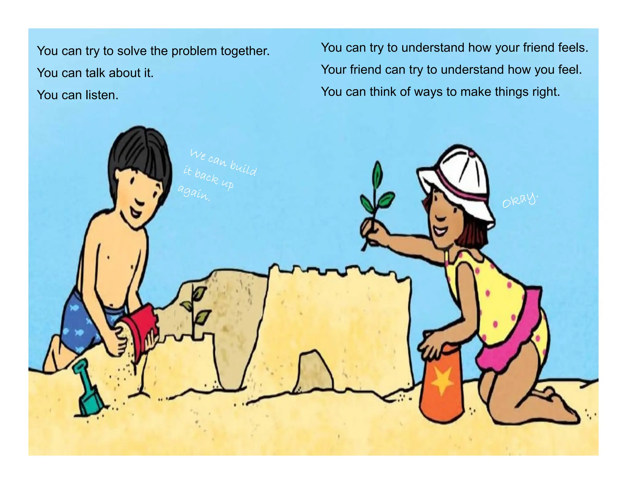 You can try to solve the problem together.
You can talk about it.
You can listen.
You can try to understand how your friend feels.
Your friend can try to understand how you feel.
You can think of ways to make things right.
 