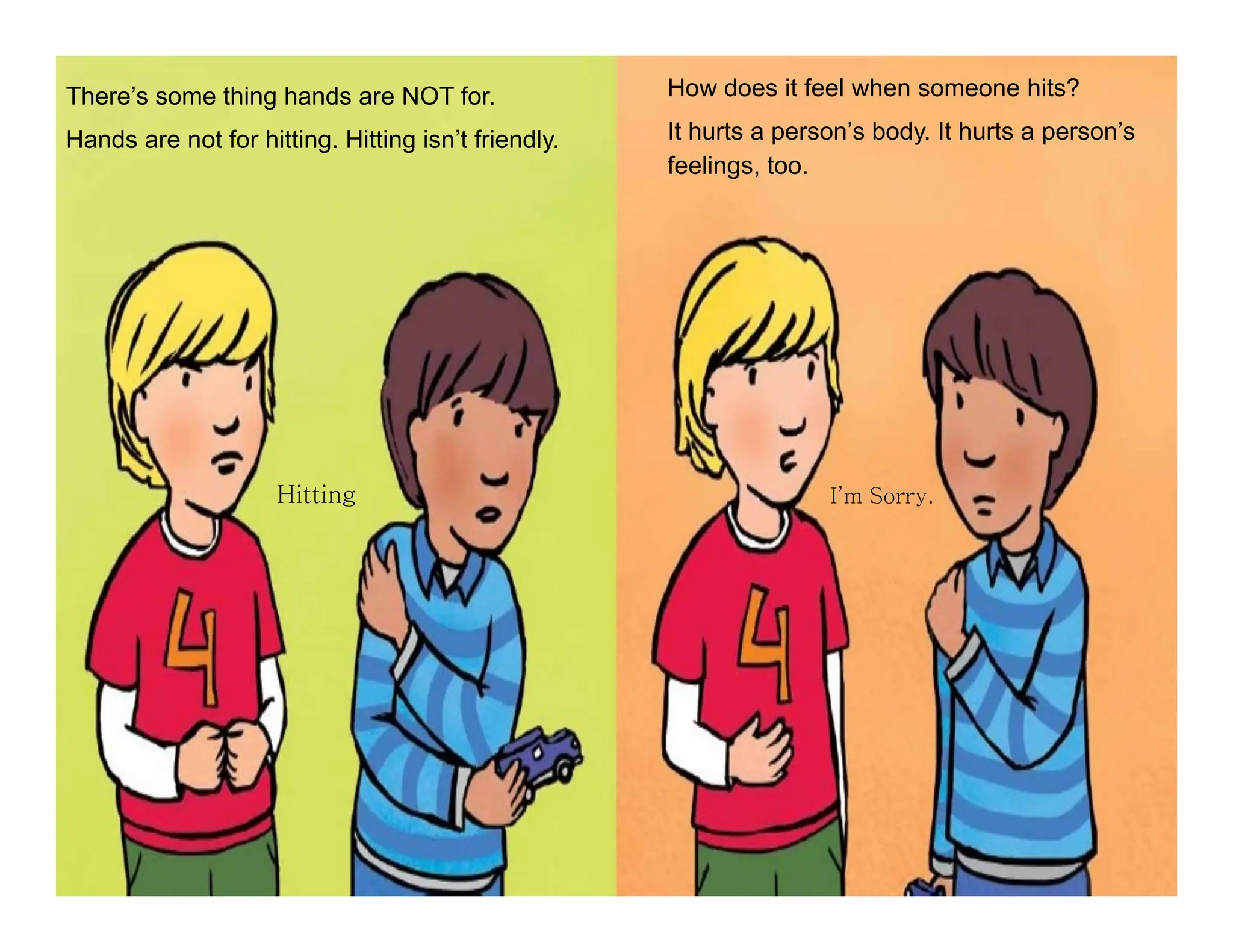 There’s some thing hands are NOT for.
Hands are not for hitting. Hitting isn’t friendly.
Hitting
How does it feel when someone hits?
It hurts a person’s body. It hurts a person’s
feelings, too.
I’m Sorry.
 