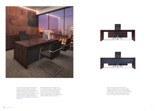 Both the peninsula and stand-alone 
desk are supplied with a horizontal cable 
management beam under the front edge of 
the desk top. This structure can be specified 
to co-ordinate with the preferred lacquer 
finish on accompanying storage elements. 
A monochrome palette of contrasting 
lacquer and glass elements provide 
definition and a sharp backdrop against 
which the beautiful, natural timber 
elements can be admired. Hidden vertical 
cable management provision allows 
services to be completely hidden from 
view even in the collections purest stand-alone 
form. 
EMPHASIS desks are available with 
two height variants for modesty panels 
in a choice of materials and finishes 
allowing the user to tailor the desk to 
suit their requirements. Alternatively, 
desks supplied with only the cable beam, 
create a lighter aesthetic quality. 
1 4 Emphas i s Hands 
 