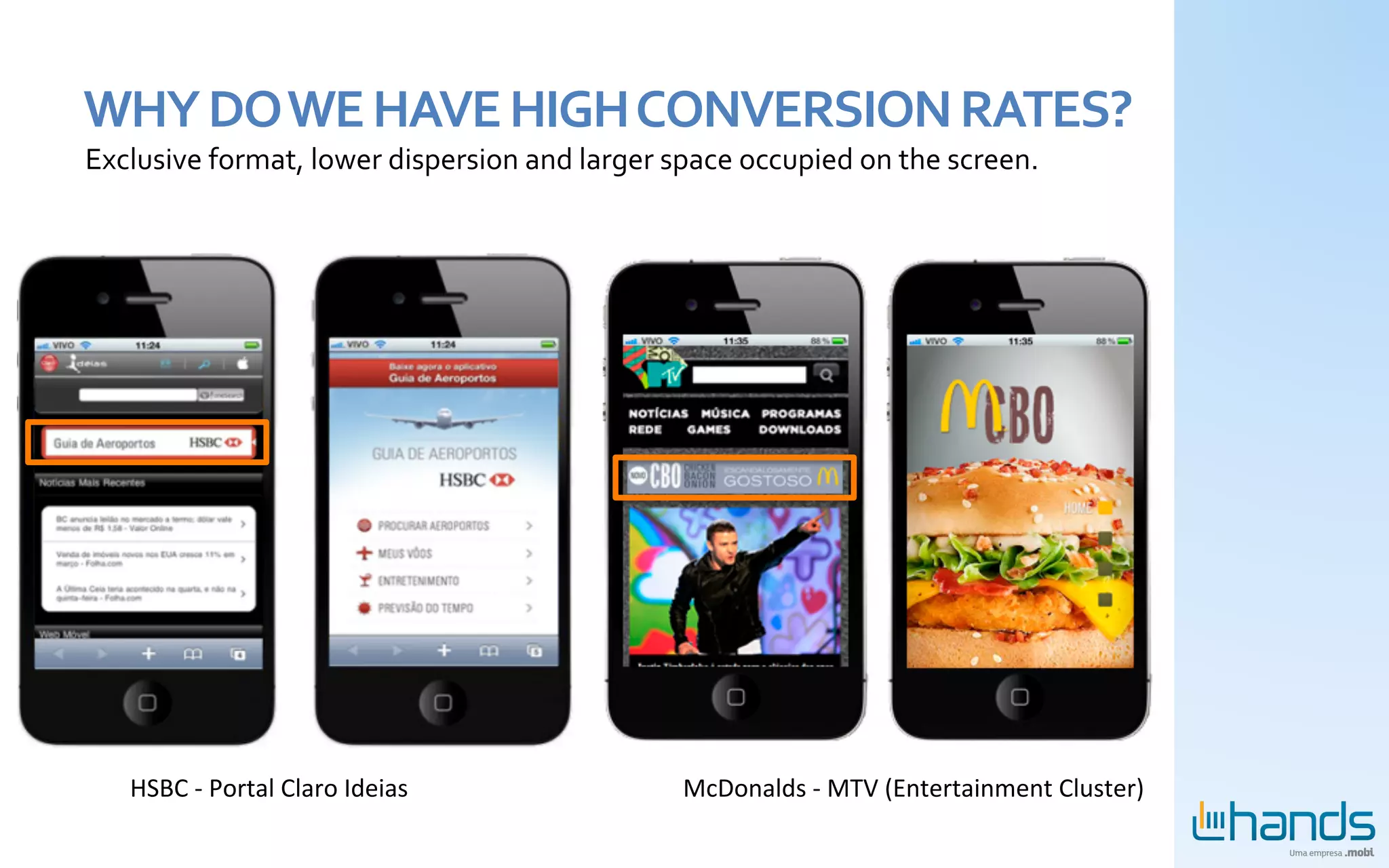 WHY	
  DO	
  WE	
  HAVE	
  HIGH	
  CONVERSION	
  RATES?	
  
Exclusive	
  format,	
  lower	
  dispersion	
  and	
  larger	
  space	
  occupied	
  on	
  the	
  screen.	
  




     HSBC	
  -­‐	
  Portal	
  Claro	
  Ideias	
                    McDonalds	
  -­‐	
  MTV	
  (Entertainment	
  Cluster)	
  
 