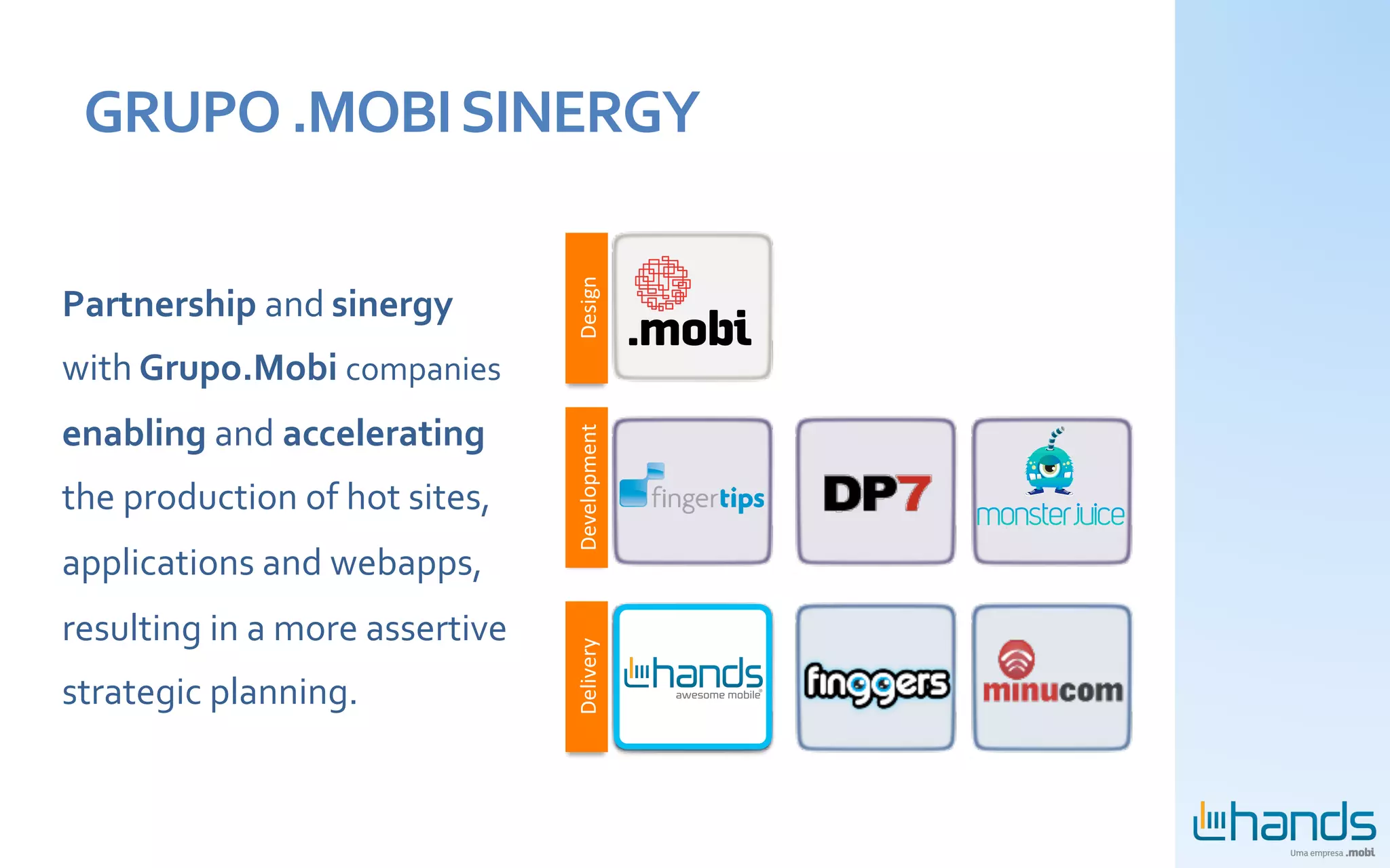 GRUPO	
  .MOBI	
  SINERGY	
  




                                                Design	
  
Partnership	
  and	
  sinergy	
  
with	
  Grupo.Mobi	
  companies	
  
enabling	
  and	
  accelerating	
  


                                                Development	
  
the	
  production	
  of	
  hot	
  sites,	
  
applications	
  and	
  webapps,	
  
resulting	
  in	
  a	
  more	
  assertive	
  
                                                Delivery	
  



strategic	
  planning.	
  
 