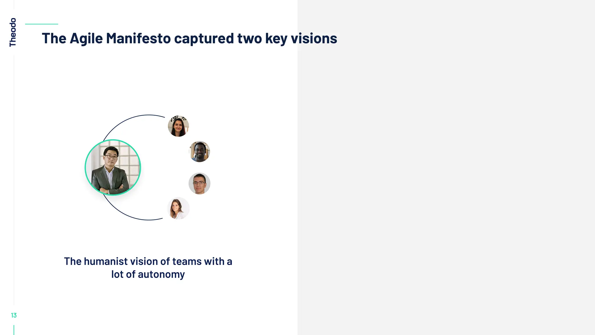 13
The Agile Manifesto captured two key visions
The humanist vision of teams with a
lot of autonomy
 