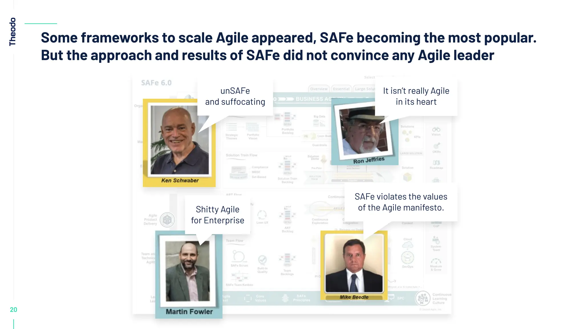 20
2012
Some frameworks to scale Agile appeared, SAFe becoming the most popular.
But the approach and results of SAFe did not convince any Agile leader
unSAFe
and suffocating
It isn’t really Agile
in its heart
SAFe violates the values
of the Agile manifesto.
Shitty Agile
for Enterprise
 