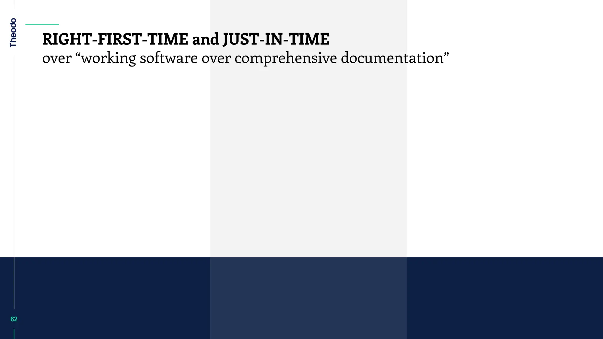 62
62
RIGHT-FIRST-TIME and JUST-IN-TIME
over “working software over comprehensive documentation”
 