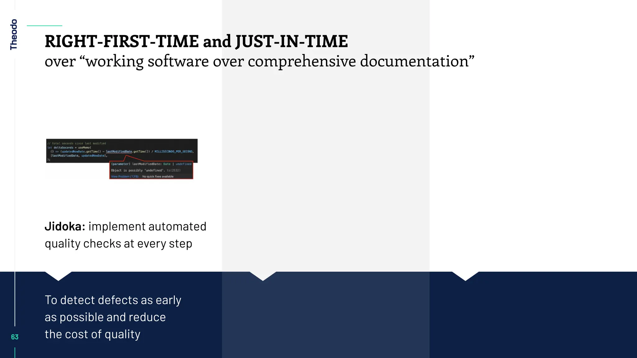 Jidoka: implement automated
quality checks at every step
To detect defects as early
as possible and reduce
the cost of quality
63
63
RIGHT-FIRST-TIME and JUST-IN-TIME
over “working software over comprehensive documentation”
 