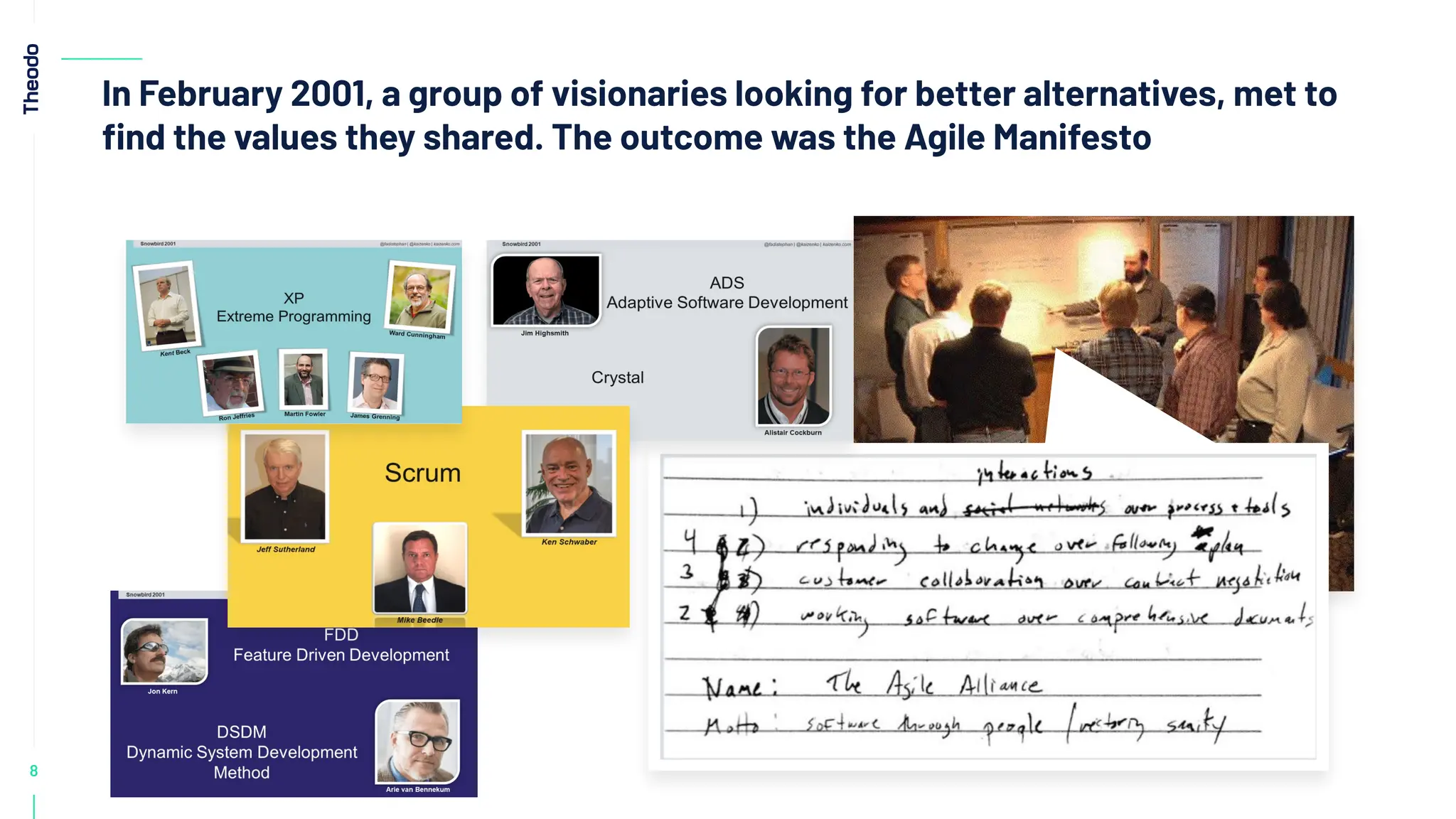 8
In February 2001, a group of visionaries looking for better alternatives, met to
ﬁnd the values they shared. The outcome was the Agile Manifesto
 