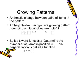 Growing Patterns Arithmetic change between pairs of items in the pattern. To help children recognize a growing pattern, geometric or visual clues are helpful. Builds toward functions:  Determine the number of squares in position 30.  This generalization is called a function. I + 1 = S 