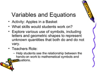 Variables and Equations Activity: Apples in a Basket What skills would students work on? Explore various use of symbols, including letters and geometric shapes to represent unknown quantities that both do and do not vary. Teachers Role: Help students see the relationship between the hands-on work to mathematical symbols and equations. 