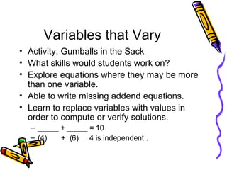 Variables that Vary Activity: Gumballs in the Sack What skills would students work on? Explore equations where they may be more than one variable.  Able to write missing addend equations. Learn to replace variables with values in order to compute or verify solutions. _____ + _____ = 10 (4)  +  (6)  4 is independent . 