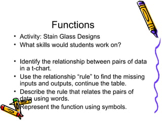 Functions Activity: Stain Glass Designs What skills would students work on? Identify the relationship between pairs of data in a t-chart. Use the relationship “rule” to find the missing inputs and outputs, continue the table. Describe the rule that relates the pairs of data using words. Represent the function using symbols. 