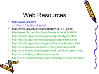 Web Resources <ul><li>http://www.lulu.com </li></ul><ul><ul><li>Search “Hands on Algebra” </li></ul></ul><ul><li>http://nl...