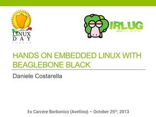 HANDS ON EMBEDDED LINUX WITH
BEAGLEBONE BLACK
Daniele Costarella

Ex Carcere Borbonico (Avellino) – October 25th, 2013

 