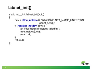 11
labnet_init()
static int __init labnet_init(void)
{
dev = alloc_netdev(0, "labnet%d", NET_NAME_UNKNOWN,
labnet_setup);
if (register_netdev(dev)) {
pr_info("Register netdev failed!n");
free_netdev(dev);
return -1;
}
return 0;
}
 