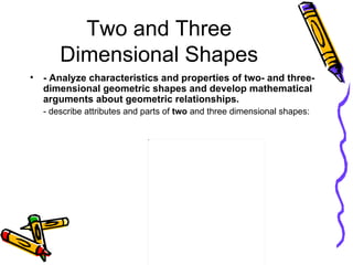 Two and Three Dimensional Shapes <ul><li>- Analyze characteristics and properties of two- and three-dimensional geometric ...