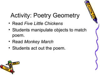 Activity: Poetry Geometry <ul><li>Read  Five Little Chickens </li></ul><ul><li>Students manipulate objects to match poem. ...