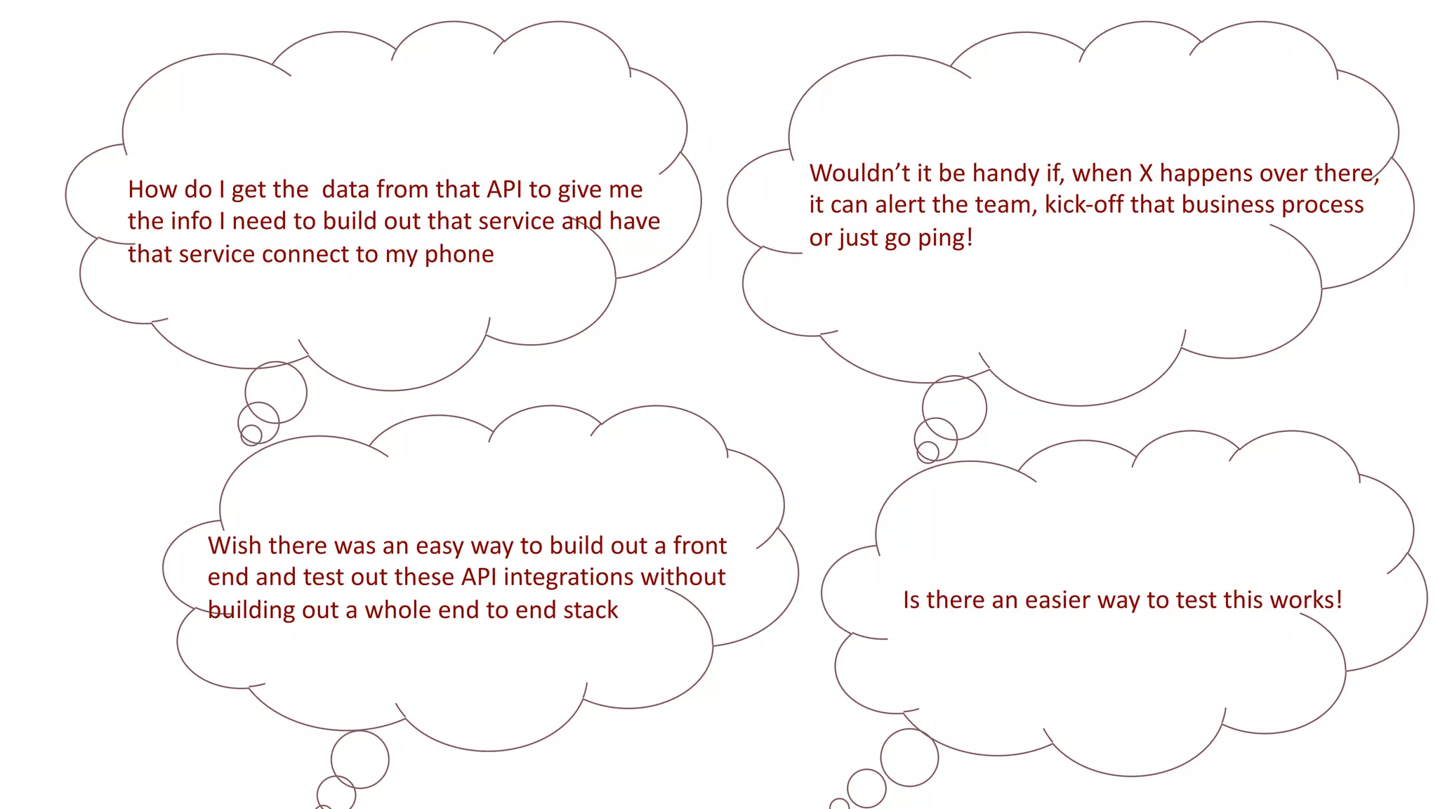 Wouldn’t it be handy if, when X happens over there,
it can alert the team, kick-off that business process
or just go ping!
How do I get the data from that API to give me
the info I need to build out that service and have
that service connect to my phone
Wish there was an easy way to build out a front
end and test out these API integrations without
building out a whole end to end stack Is there an easier way to test this works!
 