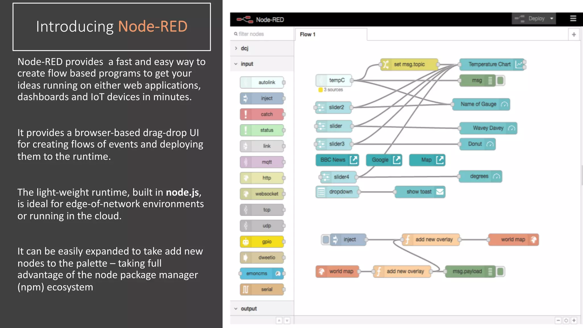 Introducing Node-RED
Node-RED provides a fast and easy way to
create flow based programs to get your
ideas running on either web applications,
dashboards and IoT devices in minutes.
It provides a browser-based drag-drop UI
for creating flows of events and deploying
them to the runtime.
The light-weight runtime, built in node.js,
is ideal for edge-of-network environments
or running in the cloud.
It can be easily expanded to take add new
nodes to the palette – taking full
advantage of the node package manager
(npm) ecosystem
 