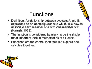 Functions <ul><li>Definition: A relationship between two sets A and B, expressed as an unambiguous rule which tells how to...