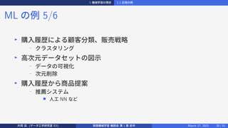 1 機械学習の現状 1.3 応用の例
ML の例 5/6
▶
購入履歴による顧客分類、販売戦略
−
クラスタリング
▶
高次元データセットの図示
−
データの可視化
−
次元削除
▶
購入履歴から商品提案
−
推薦システム
■ 人工 NN など
片岡 凪 (データ工学研究室 B3) 実践機械学習 輪読会 第 1 章 前半 March 17, 2021 20 / 51
 