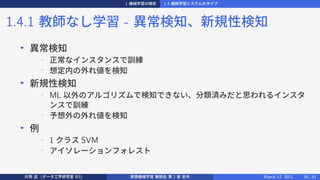 1 機械学習の現状 1.4 機械学習システムのタイプ
1.4.1 教師なし学習 - 異常検知、新規性検知
▶
異常検知
−
正常なインスタンスで訓練
−
想定内の外れ値を検知
▶
新規性検知
− ML 以外のアルゴリズムで検知できない、分類済みだと思われるインスタ
ンスで訓練
−
予想外の外れ値を検知
▶
例
−
1 クラス SVM
−
アイソレーションフォレスト
片岡 凪 (データ工学研究室 B3) 実践機械学習 輪読会 第 1 章 前半 March 17, 2021 28 / 51
 