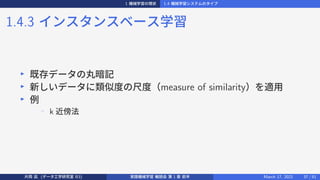 1 機械学習の現状 1.4 機械学習システムのタイプ
1.4.3 インスタンスベース学習
▶
既存データの丸暗記
▶
新しいデータに類似度の尺度（measure of similarity）を適用
▶
例
−
k 近傍法
片岡 凪 (データ工学研究室 B3) 実践機械学習 輪読会 第 1 章 前半 March 17, 2021 37 / 51
 