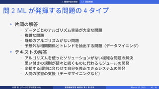 1 機械学習の現状 1.7 演習問題
問 2 ML が発揮する問題の 4 タイプ
▶
片岡の解答
−
データごとのアルゴリズム実装が大変な問題
−
複雑な問題
−
既知のアルゴリズムがない問題
−
予想外な相関関係とトレンドを抽出する問題（データマイニング）
▶
テキストの解答
− アルゴリズムを使ったソリューションがない複雑な問題の解決
−
思い付きの規則が延々と続くものに代わるモジュールの開発
−
変動する環境に合わせて自分を修正できるシステムの開発
−
人間の学習の支援（データマイニングなど）
片岡 凪 (データ工学研究室 B3) 実践機械学習 輪読会 第 1 章 前半 March 17, 2021 42 / 51
 