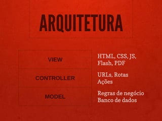 ARQUITETURA
             HTML, CSS, JS,
   VIEW
             Flash, PDF

             URLs, Rotas
CONTROLLER
             Ações

             Regras de negócio
  MODEL
             Banco de dados
 