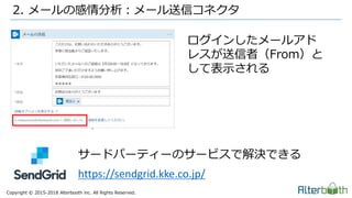 Copyright &copy; 2015-2018 Alterbooth inc. All Rights Reserved.
2. メールの感情分析：メール送信コネクタ
ログインしたメールアド
レスが送信者（From）と
して表示される
サードパーティーのサービスで解決できる
https://sendgrid.kke.co.jp/
 