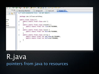 R.java
pointers from java to resources
 