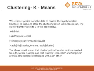 Clustering- K - Means
We remove species from the data to cluster, thenapply function
kmeans() to iris2, and store the clustering result in kmeans.result. The
cluster number is set to 3 in the code below.
>iris2=iris
>iris2$Species=NULL
>(kmeans.result=kmeans(iris2,3))
>table(iris$Species,kmeans.result$cluster)
The above result shows that cluster setosa" can be easily separated
from the other clusters, and that clusters versicolor" and virginica"
are to a small degree overlapped with each other.
HAVE TOTAL FOCUS ON YOUR GOAL, IT WILL DESTROY
MANY OBSTACLES OF YOUR PATH.
 