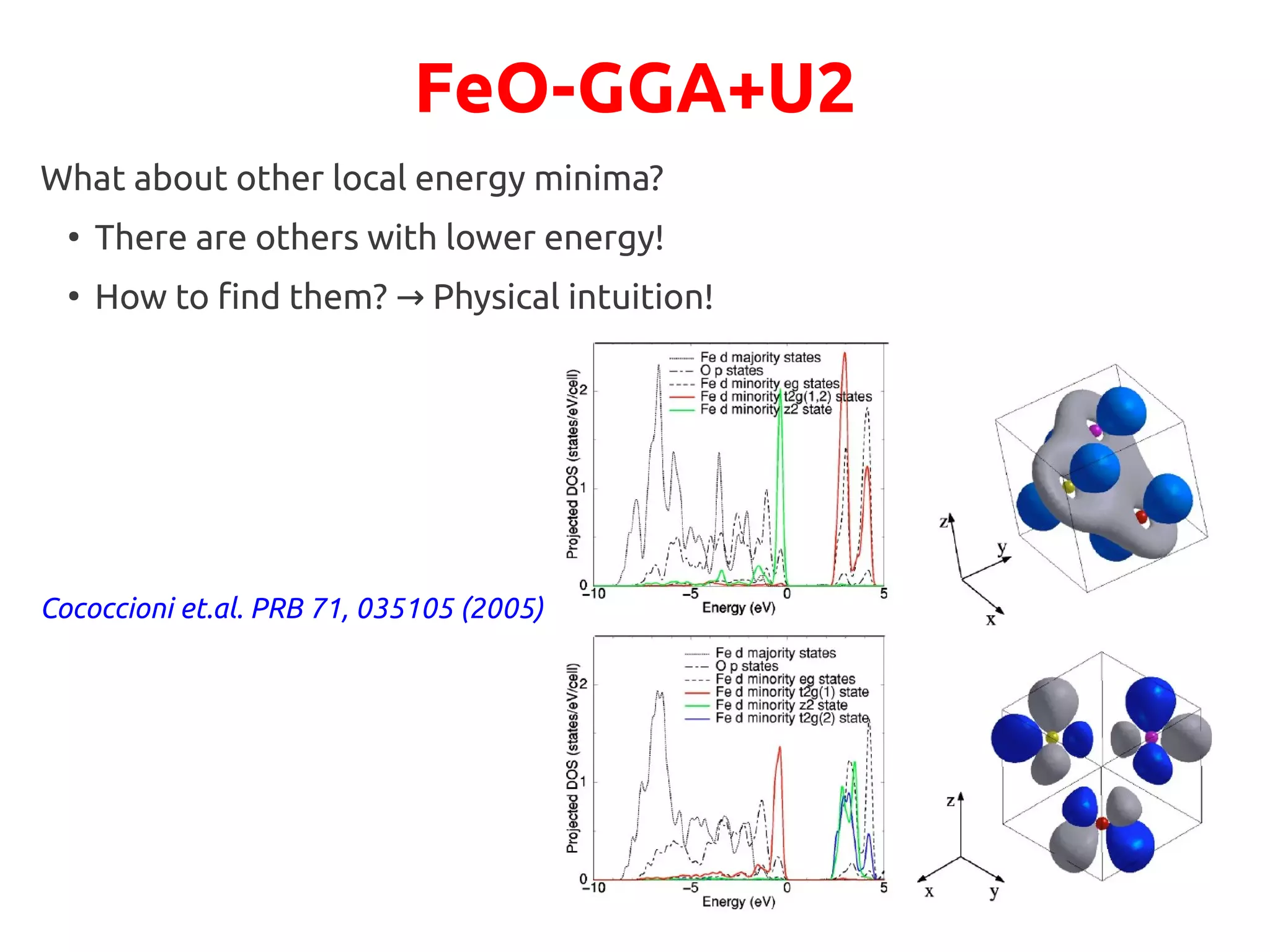 FeO-GGA+U2
What about other local energy minima?
●
There are others with lower energy!
●
How to find them? Physical intuition!→
Cococcioni et.al. PRB 71, 035105 (2005)
 