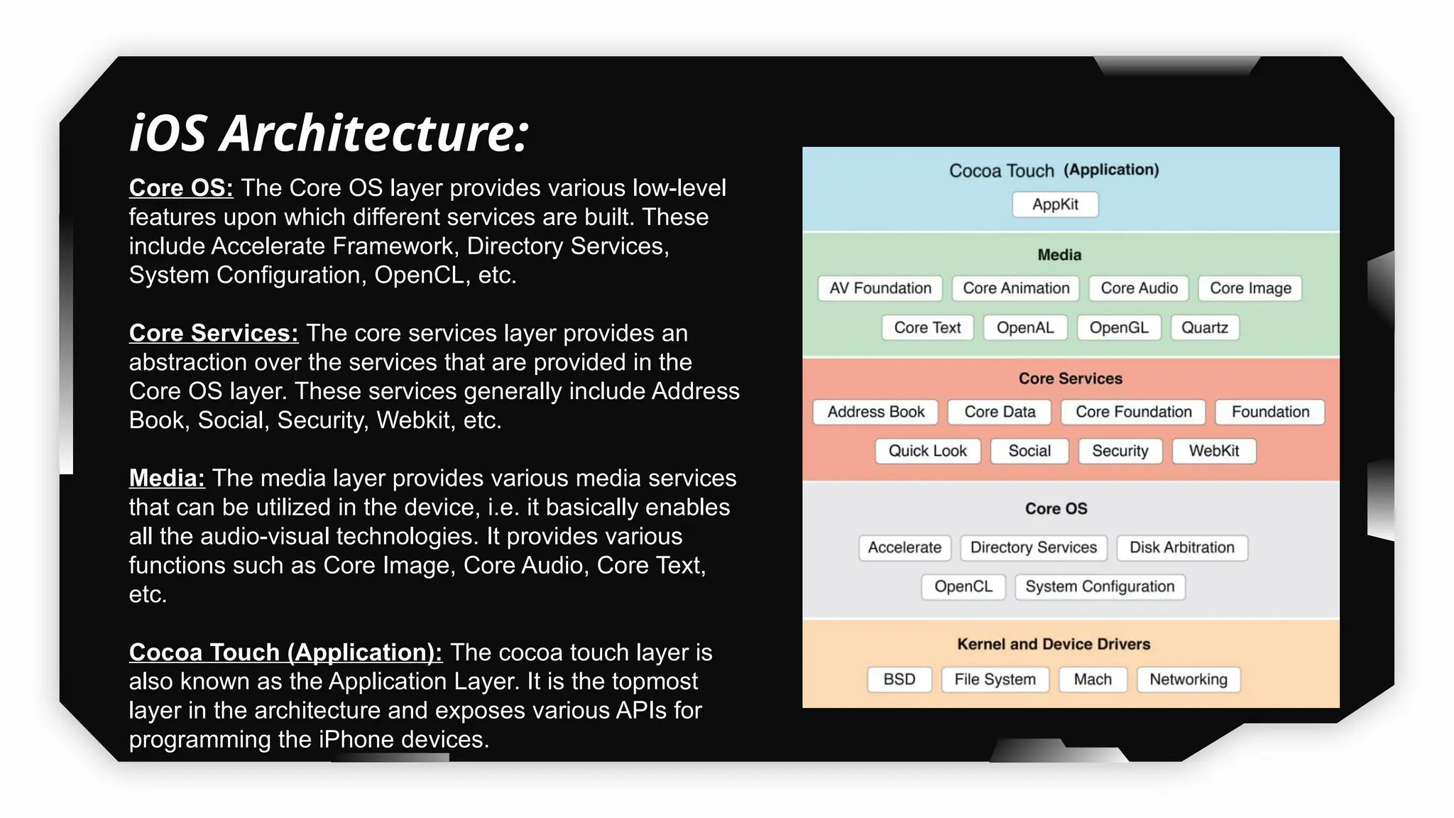 iOS Architecture:
Core OS: The Core OS layer provides various low-level
features upon which different services are built. These
include Accelerate Framework, Directory Services,
System Configuration, OpenCL, etc.
Core Services: The core services layer provides an
abstraction over the services that are provided in the
Core OS layer. These services generally include Address
Book, Social, Security, Webkit, etc.
Media: The media layer provides various media services
that can be utilized in the device, i.e. it basically enables
all the audio-visual technologies. It provides various
functions such as Core Image, Core Audio, Core Text,
etc.
Cocoa Touch (Application): The cocoa touch layer is
also known as the Application Layer. It is the topmost
layer in the architecture and exposes various APIs for
programming the iPhone devices.
 