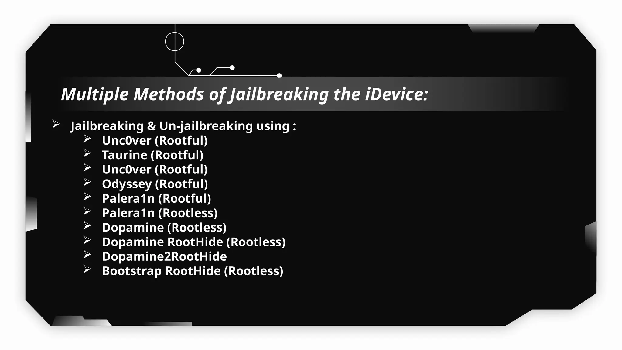  Jailbreaking & Un-jailbreaking using :
 Unc0ver (Rootful)
 Taurine (Rootful)
 Unc0ver (Rootful)
 Odyssey (Rootful)
 Palera1n (Rootful)
 Palera1n (Rootless)
 Dopamine (Rootless)
 Dopamine RootHide (Rootless)
 Dopamine2RootHide
 Bootstrap RootHide (Rootless)
Multiple Methods of Jailbreaking the iDevice:
 