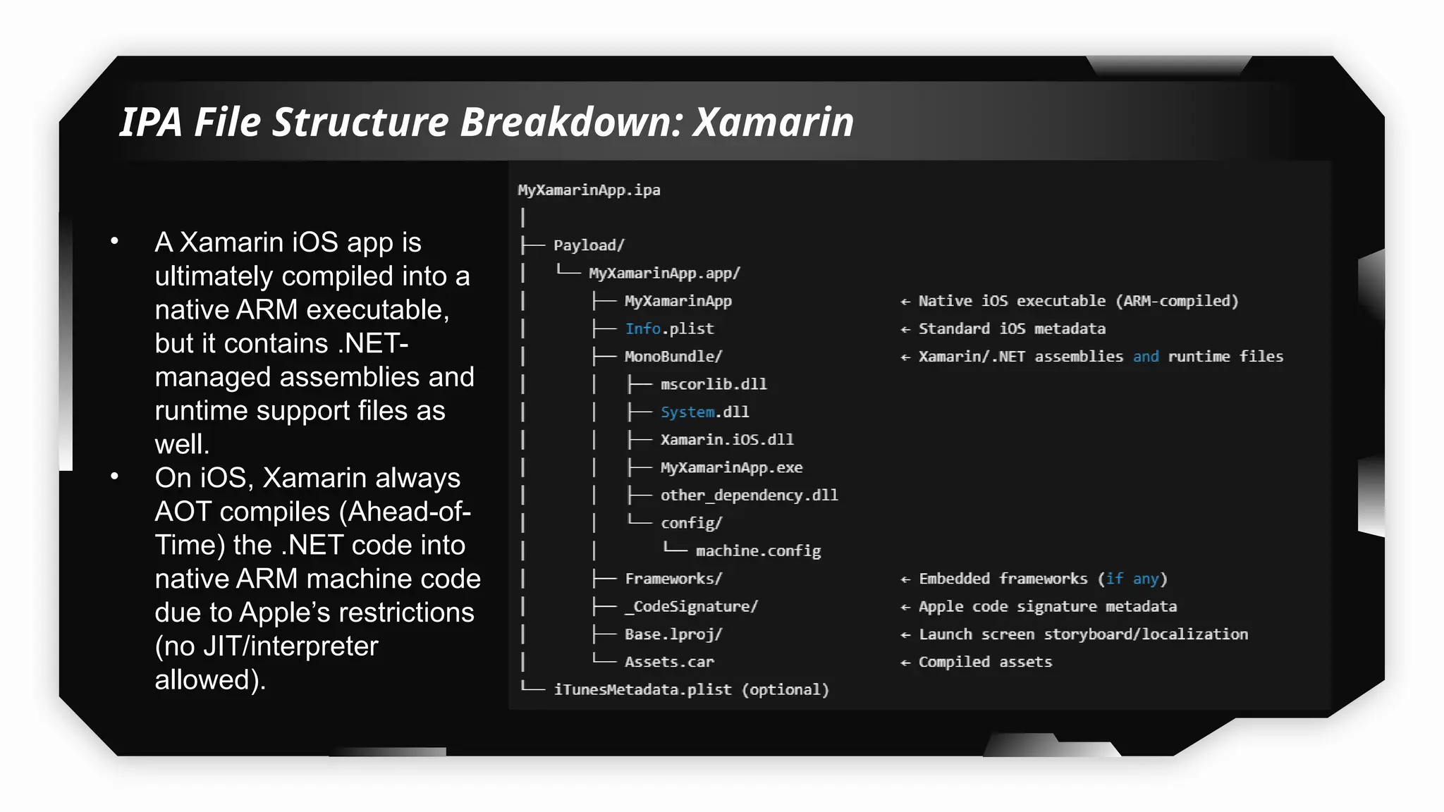 IPA File Structure Breakdown: Xamarin
• A Xamarin iOS app is
ultimately compiled into a
native ARM executable,
but it contains .NET-
managed assemblies and
runtime support files as
well.
• On iOS, Xamarin always
AOT compiles (Ahead-of-
Time) the .NET code into
native ARM machine code
due to Apple’s restrictions
(no JIT/interpreter
allowed).
 