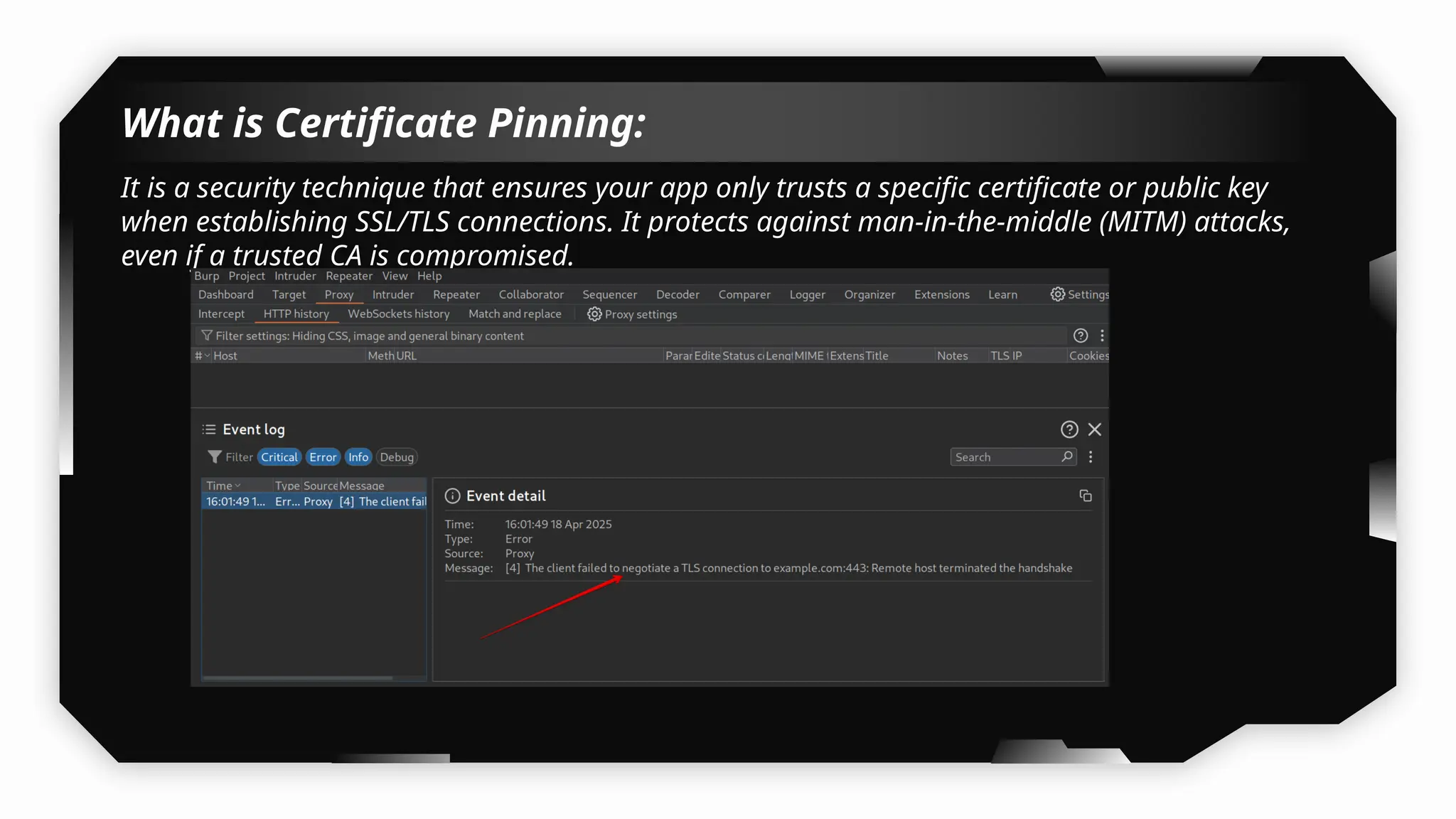 What is Certificate Pinning:
It is a security technique that ensures your app only trusts a specific certificate or public key
when establishing SSL/TLS connections. It protects against man-in-the-middle (MITM) attacks,
even if a trusted CA is compromised.
 