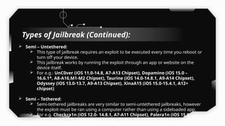  Semi – Untethered:
 This type of jailbreak requires an exploit to be executed every time you reboot or
turn off your device.
 This jailbreak works by running the exploit through an app or website on the
device itself.
 For e.g.: UnC0ver (iOS 11.0-14.8, A7-A13 Chipset), Dopamine (iOS 15.0 –
16.6.1*, A8-A16,M1-M2 Chipset), Taurine (iOS 14.0-14.8.1, A9-A14 Chipset),
Odyssey (iOS 13.0-13.7, A9-A13 Chipset), XinaA15 (iOS 15.0-15.4.1, A12+
chipset)
 Semi – Tethered:
 Semi-tethered jailbreaks are very similar to semi-untethered jailbreaks, however
the exploit must be ran using a computer rather than using a sideloaded app.
 For e.g. Checkra1n (iOS 12.0- 14.8.1, A7-A11 Chipset), Palera1n (iOS 15.0 –
18.3.2, A8-A11,T2), Odysseyra1n (upto 14.8.1, A8,A9,A10X, A11 Chipset) (A8X
Types of Jailbreak (Continued):
 