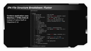 IPA File Structure Breakdown: Flutter
Cordova application uses
WebView + HTML/CSS/JS
instead of native Swift or
Objective-C UI.
 