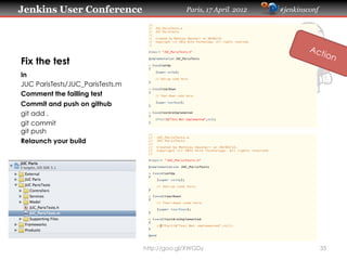 Jenkins User Conference                        Paris, 17 April 2012   #jenkinsconf




Fix the test
In
JUC ParisTests/JUC_ParisTests.m
Comment the failling test
Commit and push on github
git add .
git commit
git push
Relaunch your build




                                  http://goo.gl/XWGDy                                35
 