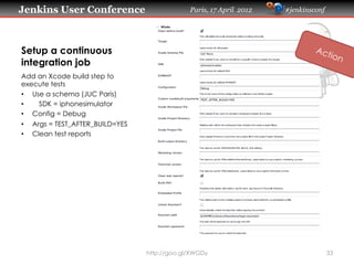 Jenkins User Conference Paris, 17 April 2012 #jenkinsconf
Setup a continuous
integration job
Add an Xcode build step to
ex...