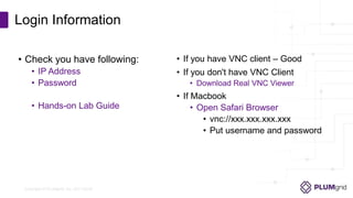 Copyright © PLUMgrid, Inc. 2011-2016
• Check you have following:
• IP Address
• Password
• Hands-on Lab Guide
Login Information
• If you have VNC client – Good
• If you don't have VNC Client
• Download Real VNC Viewer
• If Macbook
• Open Safari Browser
• vnc://xxx.xxx.xxx.xxx
• Put username and password
 