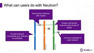 Copyright © PLUMgrid, Inc. 2011-2016
What can users do with Neutron?
Provide external
connectivity (e.g. Internet)
to workloads
Interconnect networks
with routers
Create multi-tenant
networks with private IP
space
Connect workloads to
each network
 