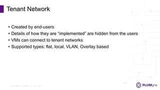 Copyright © PLUMgrid, Inc. 2011-2016
• Created by end-users
• Details of how they are “implemented” are hidden from the users
• VMs can connect to tenant networks
• Supported types: flat, local, VLAN, Overlay based
Tenant Network
 