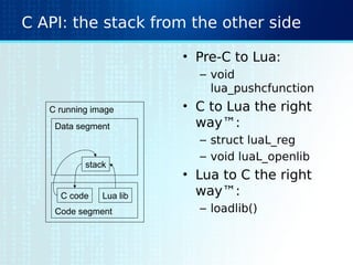 C API: the stack from the other side
• Pre-C to Lua:
– void
lua_pushcfunction
• C to Lua the right
way™:
– struct luaL_reg
– void luaL_openlib
• Lua to C the right
way™:
– loadlib()
C running image
Data segment
Code segment
stack
C code Lua lib
 