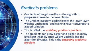 Gradients problems
• Gradients often get smaller as the algorithm
progresses down to the lower layers.
• The Gradient Descent update leaves the lower layer
weights unchanged, and training never converges to
a good solution.
• This is called the vanishing gradients problem.
• The gradients can grow bigger and bigger, so many
layers get insanely large weight updates and the
algorithm diverges. This is the exploding gradients
problem
 
